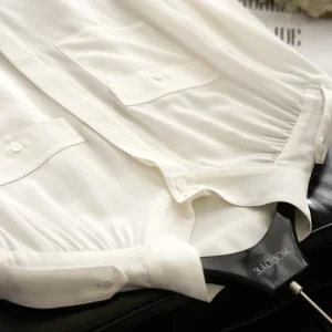 Pra Da High Quality Silk Shirt White Stand Collar Shoulder Patches Pocket Minimalist Function Women's Premium Fashion Top - AliExpress Shirts & Blouses