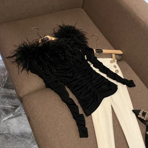 2026 New Black Furry One-Shoulder Pleated Design Slimming Sexy Fashionable Top round Neck Long Sleeve Lace Shirt for Women - AliExpress Shirts & Blouses
