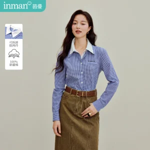 Inman Women's 2025 Autumn New Versatile Slim-Fit Long-Sleeve Shirt - Fake Two-Piece Color-Block Plaid Embroidered Blouse - AliExpress Shirts & Blouses