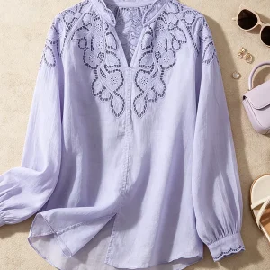 Elegant Purple Embroidered Stand Collar Shirt Women's Loose Lantern Sleeve Cotton Linen Casual Style Korean Fashion - AliExpress Shirts & Blouses