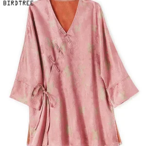 BirdTree-Silk Watered Gauze Elegant Shirt, V Neck Jacquard, Women Temperament Commute Loose Blouse, 2026 Autumn New T68729CC - AliExpress Shirts & Blouses
