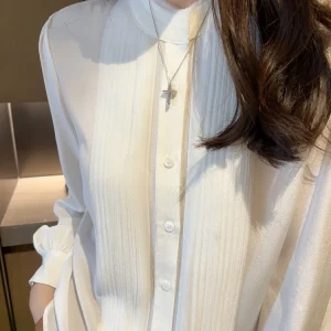 Elegant Silk Shirt Stand Collar Long Sleeve Women's Fashion Breathable Comfortable Straight Cut Commute Appropriate - AliExpress Shirts & Blouses