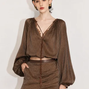 Gold Infused Stripe Shirt Loose Fit Lantern Sleeve Women's Casual Style V Neck Long Sleeve Slimming Effect Chinese Brand - AliExpress Shirts & Blouses
