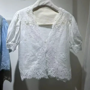 Lace Embroidery Patchwork Women White Shirt 100% Ramie V-Neck Puff Sleeve Single Breasted Fashion Ladies Blouse Top - AliExpress Shirts & Blouses