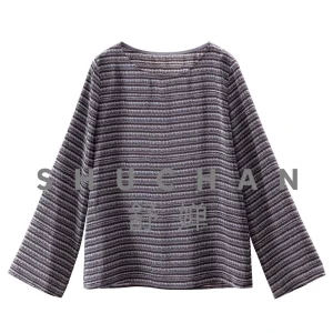 Real Silk Blouse Women Thin Summer Long Sleeve Artistic Stripe Print Crew Neck Shirt Woman 98I3 - AliExpress Shirts & Blouses