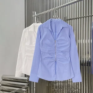 Elegant Simple Women's Shirt Zipper Pleated Design Collar Slimming Waist Casual Style Long Sleeve Cotton Commute Fashionable - AliExpress Shirts & Blouses
