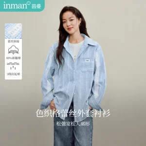 Inman Women's 2025 Autumn New Slouchy Blue Long-Sleeve Shirt - Lace Panel Plaid Shirt Jacket Outerwear - AliExpress Shirts & Blouses