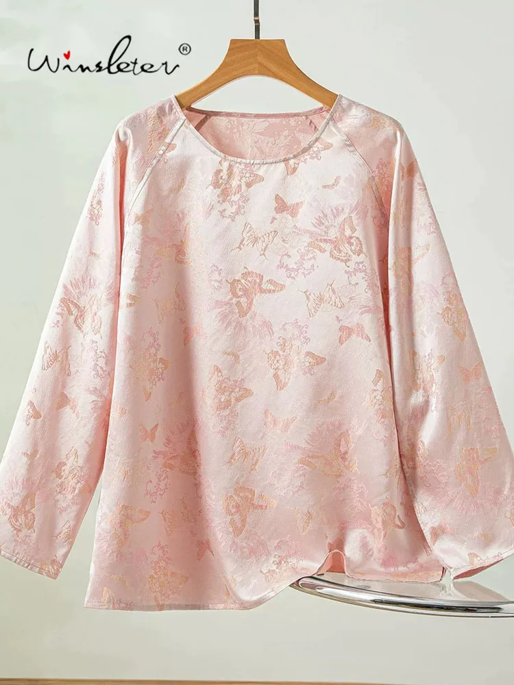 Winsleter-100%Real Silk Elegant Shirt, O Neck Long Sleeve Jacquard, Women Versatile Commute Loose Blouse, 2026 Autumn T68733CC - AliExpress Shirts & Blouses