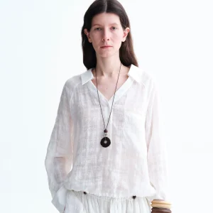 Linen V-neck Drawstring Loose Shirt Transparent Texture White Plaid Loose Fit Women's Casual Shirt Breathable Comfortable - AliExpress Shirts & Blouses