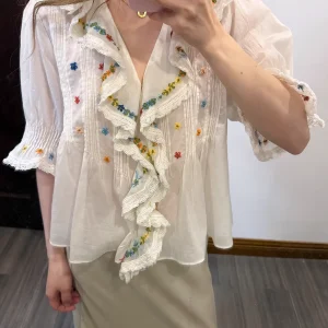 Women's Flower Embroidery Blouse Top Lace Stitching Ruffled V-Neck Puff Sleeve Casual Female Shirt - AliExpress Shirts & Blouses