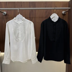 Stand Collar Pleated Front Half Placket Long Sleeve Casual Blouse for Women - AliExpress Shirts & Blouses