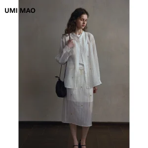 UMI MAO Silk Embroidered Beaded Texture Shirt Women Lyocell Minimalist Loose Stand Collar Tie-Up Jacket Top Femme - AliExpress Shirts & Blouses