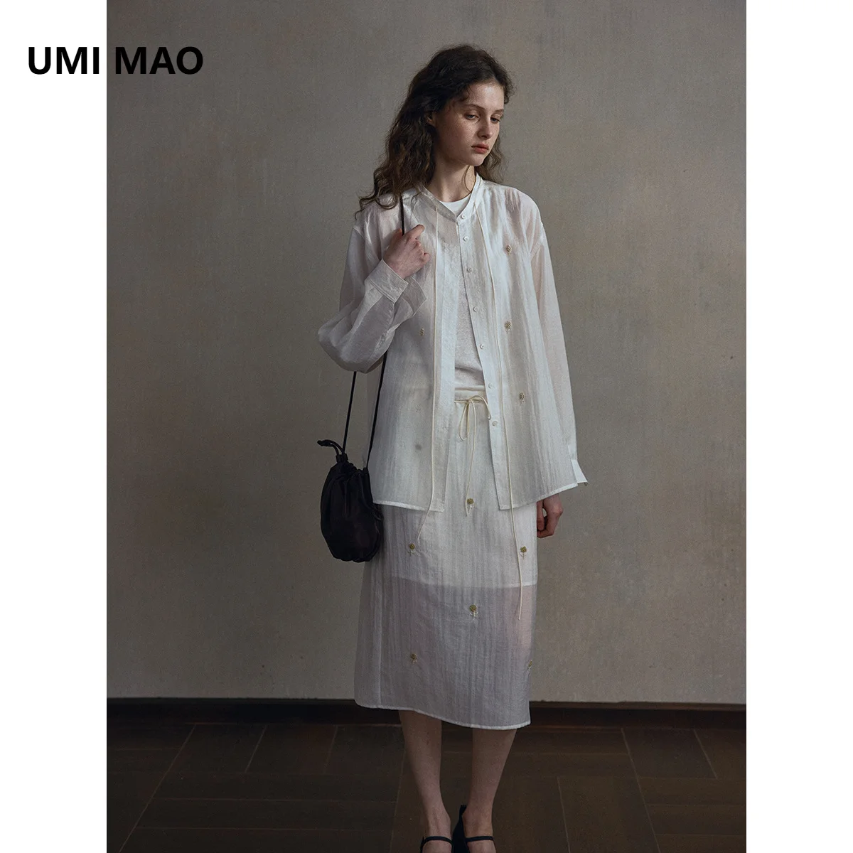 UMI MAO Silk Embroidered Beaded Texture Shirt Women Lyocell Minimalist Loose Stand Collar Tie-Up Jacket Top Femme - AliExpress Shirts & Blouses