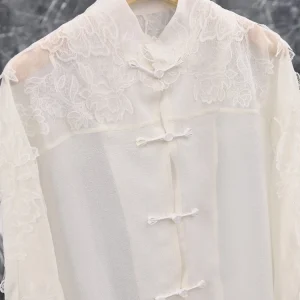 Elegant Chinese Style Embroidered Lace Silk Shirt Women's Mid-Length Loose Fit Long Sleeve White Button-Up Top - AliExpress Shirts & Blouses