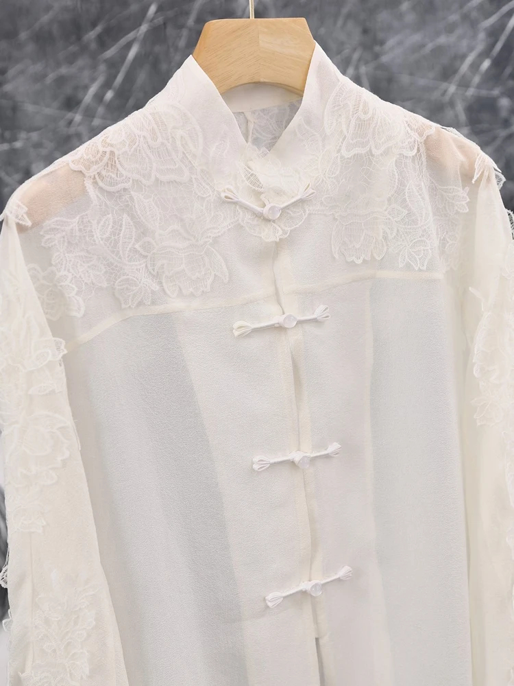 Elegant Chinese Style Embroidered Lace Silk Shirt Women's Mid-Length Loose Fit Long Sleeve White Button-Up Top - AliExpress Shirts & Blouses