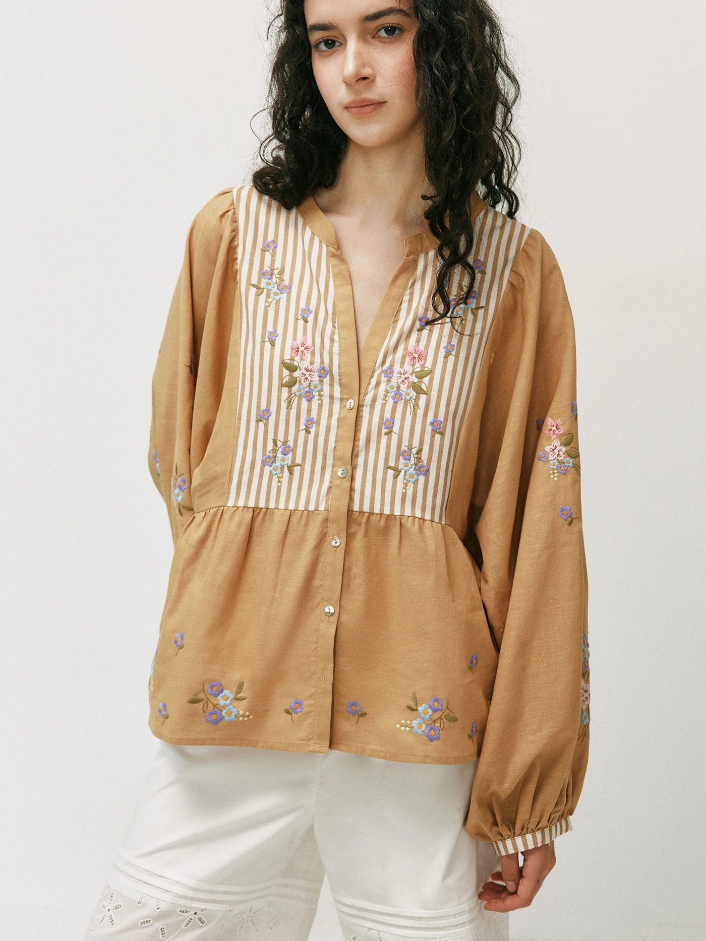 French Style Loose Fit Cotton Shirt Women's Embroidered Patchwork Blouse Breathable Comfortable Long Sleeve V Neck Summer Shirt - AliExpress Shirts & Blouses