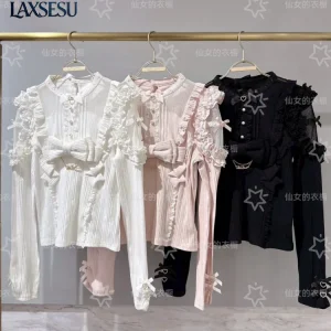 Lolita Shirts Spring Autumn New Sweet Girls' Top with Pearl Chain Long Sleeve Blouses Heart-shaped Bow Lace  Women's Shirt - AliExpress Shirts & Blouses