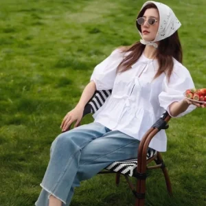 EXJR White Bubble Sleeve Shirt Women's Summer Commute Style  Knot Tie Waist Loose Fit Shirt round Neck Five Sleeve - AliExpress Shirts & Blouses