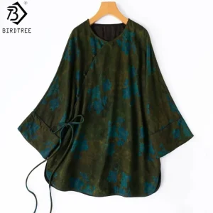 Birdtree, 40MM 100% Real Silk Print Blouse, Slant Opening Tops, Women's Spun Xiangyunsha Loose Shirt, 2026 Autumn New T68224JF - AliExpress Shirts & Blouses