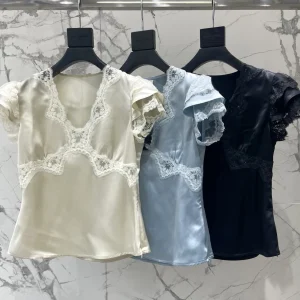 Elegant Style Short Sleeve Lace V-neck Ruffle Hem Blouse Slimming Versatile Fashionable Women's Shirt Breathable Skin-friendly - AliExpress Shirts & Blouses