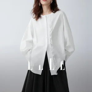 Elle Parisian Style Women's Casual Cotton Blouse round Neck Lace Trim Long Sleeve Comfortable Fit Pure Cotton Shirt - AliExpress Shirts & Blouses