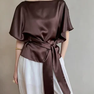 Two Colors Women's Solid Color Top Boat Collar Flared Sleeves Back Strap Waist Cinching Fashionable Top - AliExpress Shirts & Blouses