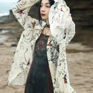 UMI MAO New Chinese Style Top Sunscreen Shirt Coat For Women's Versatile Loose Flower And Bird Print Lazy Top Small Shirt Femme - AliExpress Shirts & Blouses