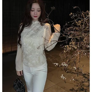 Elegant Chinese Style Lace Thin Silk Women's Top Heavy Embroidery Fashionable Small Shirt Loose Fit Long Sleeve Stand Collar - AliExpress Shirts & Blouses