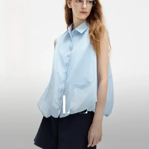 Elle Bubble Ice Blue Sleeveless Women's Shirt Summer New Style Commute Style Loose Fit Cotton Short Length Button down - AliExpress Shirts & Blouses