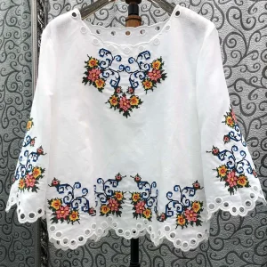 Milan Small Town Cross Stitched Hollow out Embroidery Linen Top Women's Original Design Straight Cut Long Sleeve Shirt - AliExpress Shirts & Blouses