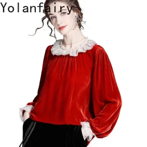 YOLANFAIRY 100% Mulberry Silk Velvet Blouses for Woman Autumn 2025 Long Sleeve Shirts Elegant Women's Red Silk Velvet Top Blouse - AliExpress Shirts & Blouses