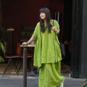 Dry Cleaned Loose Fit Linen Green Long Skirt And Shirt Set New Born Green Bud Dyeing Casual Style Women's Fashion Autumn Coll... - AliExpress Shirts & Blouses
