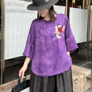 High Quality Spring And Summer New O- neck Retro Jacquard+Embroidered Pomegranate Flower Women's Shirt M-XL - AliExpress Shirts & Blouses