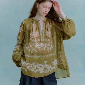 Bohemian Style V-Neck Printed Shirt Women's Linen Spring Summer Loose Fit Long Sleeve round Neck French Style Plant Floral - AliExpress Shirts & Blouses