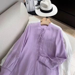 Elegant Unique Purple Linen Shirt Gentle Quiet Long Sleeve Stand Collar Women's Casual Breathable Comfortable Spring Shirt - AliExpress Shirts & Blouses