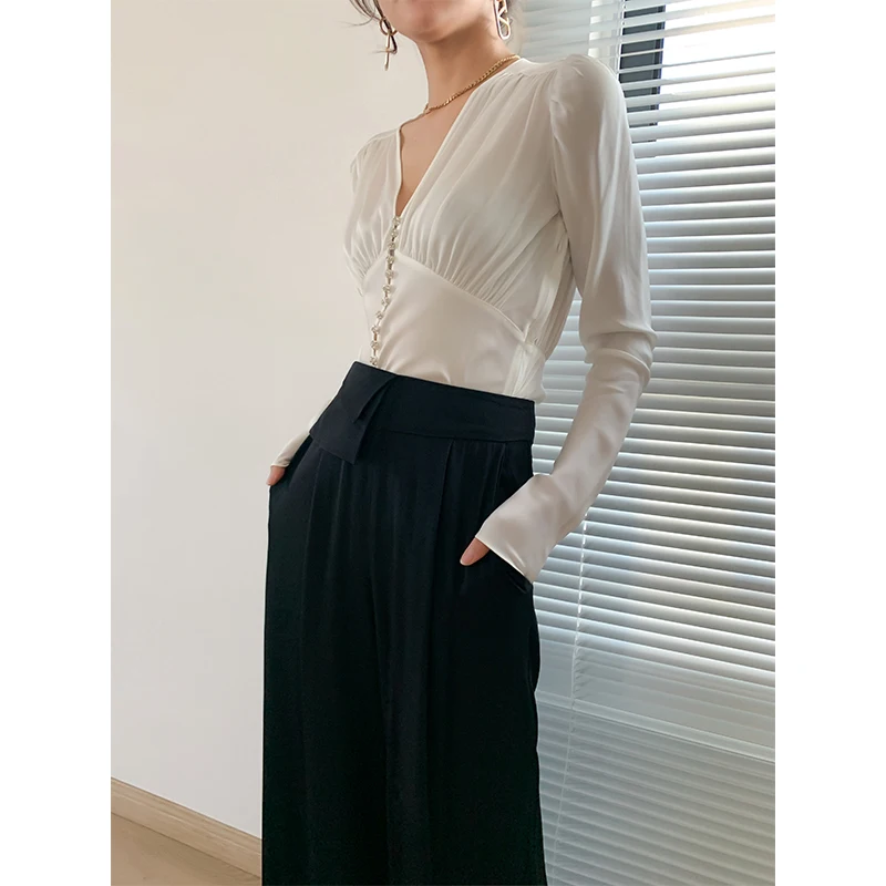 KARFELY Luxury Silk Shirt Elegant Diamond Embedded V-Neck Women's Fashionable Breathable Long Sleeve Self-Purchase Style - AliExpress Shirts & Blouses
