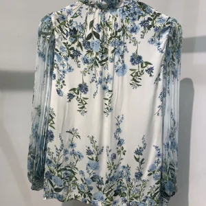 2026 Women Blue Floral Print Blouse Pleated Single Breasted Lantern Sleeve V-Neck Loose Shirt - AliExpress Shirts & Blouses