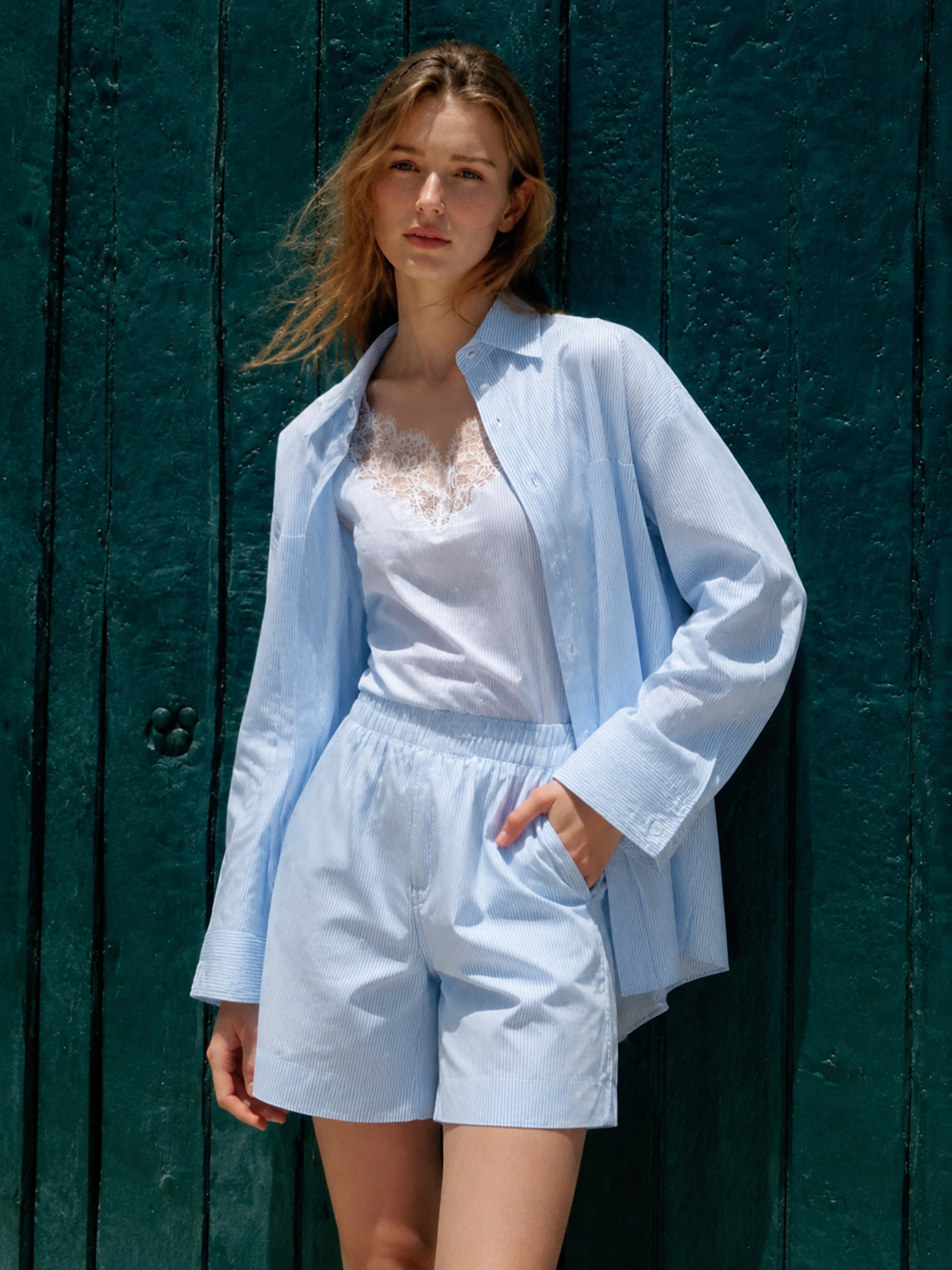 Street Style Color Woven Stripe Three Piece Set Loose Boyfriend Shirt Lace Splice Strap Shorts Women's Cotton Casual Wear - AliExpress Shirts & Blouses