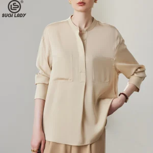 90% Natural Silk 10% Spandex Women's Shirt Stand Collar Long Sleeves Front Pockets Elegant Designer Blouse Tops - AliExpress Shirts & Blouses
