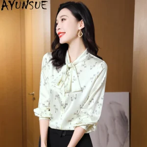 AYUNSUE 90% Silk Women's Blouses and Shirts Elegant Ribbon Long Sleeve Tops for Woman Stylish Printed Blouse Woman Clothes 블라우스 - AliExpress Shirts & Blouses