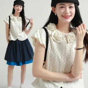 Rare Probability Original Design Polka Dot White Short Sleeve Women's Shirt Summer Loose Flying Sleeve Top Vintage Style Butt... - AliExpress Shirts & Blouses