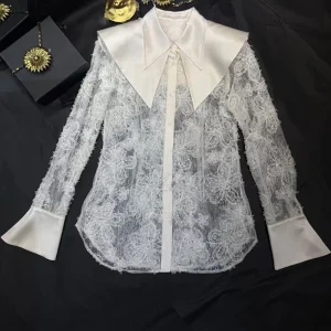 Women's sheer lace-paneled top, collared shirt, stylish and elegant sequined single-breasted jacket, high-quality blouse, 2026, - AliExpress Shirts & Blouses