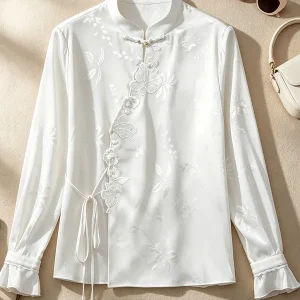 Silk Embroidered Stand Collar Shirt Women's Style Chinese National Trend Spring Fashion Long Sleeve Button Closure Pure Color - AliExpress Shirts & Blouses