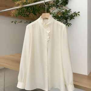 Noxulara Authentic 26 Spring Summer New Petal Collar Single Button Silk Shirt Women's Casual Style Straight Cut Long Sleeve - AliExpress Shirts & Blouses