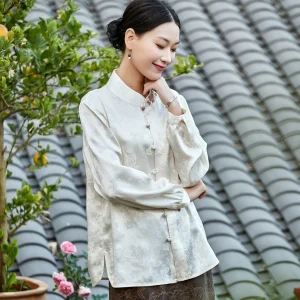 Elegant Chinese Style Embroidered Acetate Shirt Women's Spring New Fashion Top Breathable Long Sleeve Flip Collar Button Detail - AliExpress Shirts & Blouses