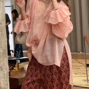 Women Solid Color Loose Blouse V-Neck Flare Sleeve Fashion 100% Ramie Shirt - AliExpress Shirts & Blouses