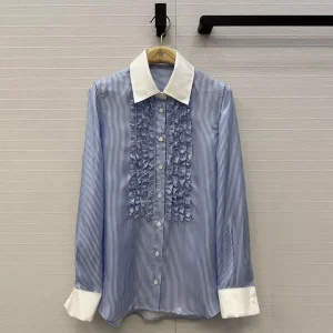 2026 New Fashion Blue Vertical Stripes 100% Silk Shirt Women Patchwork Edible Tree Fungus Lapel Long Sleeve Casual Blouse Tops - AliExpress Shirts & Blouses