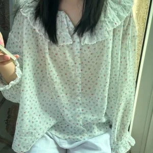 Women Flower Print Blouse Top Ruffles Spliced Round Neck Long Sleeve Single Breasted Casual Female 100% Ramie Shirt - AliExpress Shirts & Blouses