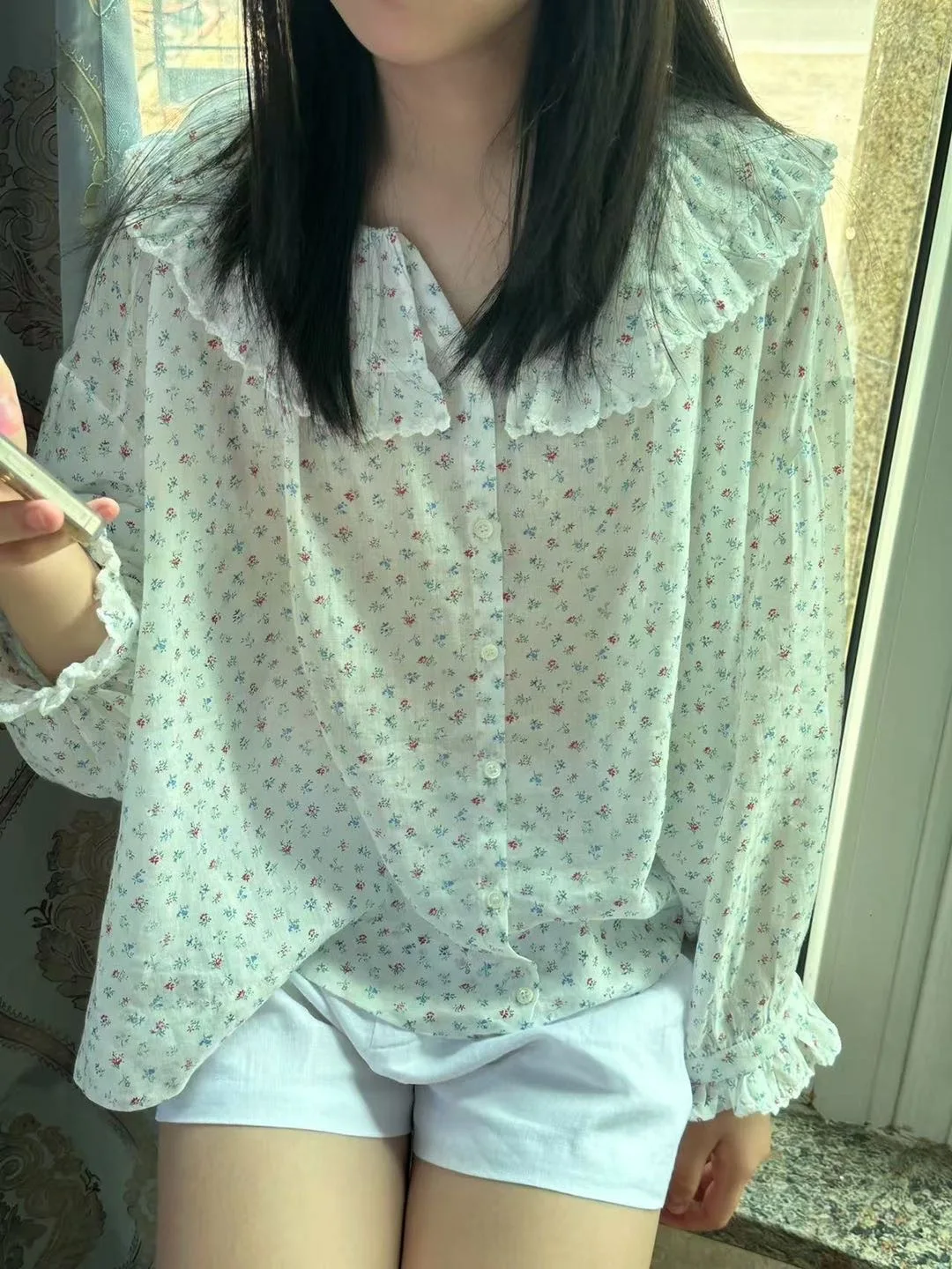 Women Flower Print Blouse Top Ruffles Spliced Round Neck Long Sleeve Single Breasted Casual Female 100% Ramie Shirt - AliExpress Shirts & Blouses