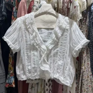 2026 Women Lace Stitching White Shirt Ruffles Spliced V-Neck Short Sleeve Single Breasted Casual 100% Cotton Blouse Top - AliExpress Shirts & Blouses